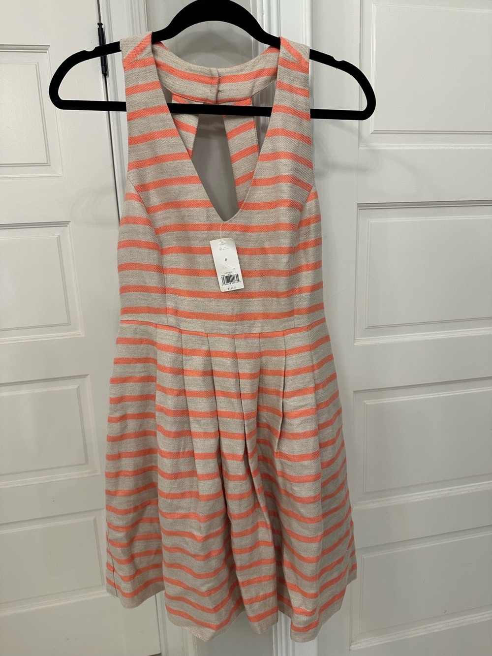 Banana Republic Halter Fit & Flare Dress Linen Blend V-Neck Striped Pockets Sz 6